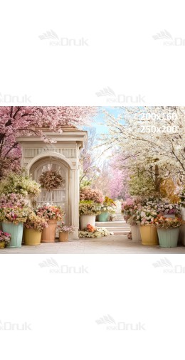 Tło fotograficzne „Wiosenny ogród z altanką i kwiatami” | E840